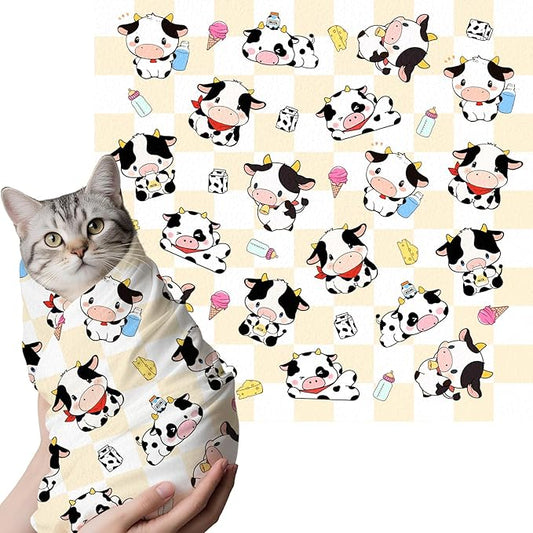 27.6"Cat Grooming Wrap, Self Adhesive Cat Wrap for Cutting Nails, Anti-Escape Calming Cat Swaddle Wrap for Medicine Ear Cleaning, Cow Anti-Scratch Cats Burrito Restraint Blanket, Pet Tool (6-10 lbs)