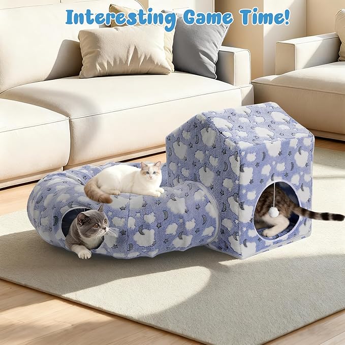 Pawaboo Cat Tunnel Bed for Indoor Cats, Cute Cat Donut Tunnel with Square House, Peekaboo Pet Cave Play Tunnels with Cave for Kitten/Rabbit, Basic Soft Blue