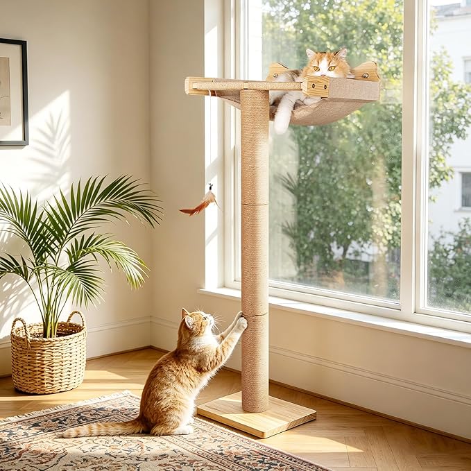 Cat Window Perch Hammock with 3-Piece Detachable Sisal Scratching Posts, Drill-Free Suction Cup Mount, Multi-Level Climbing Perch for Bird Watching, 45 LBS Capacity