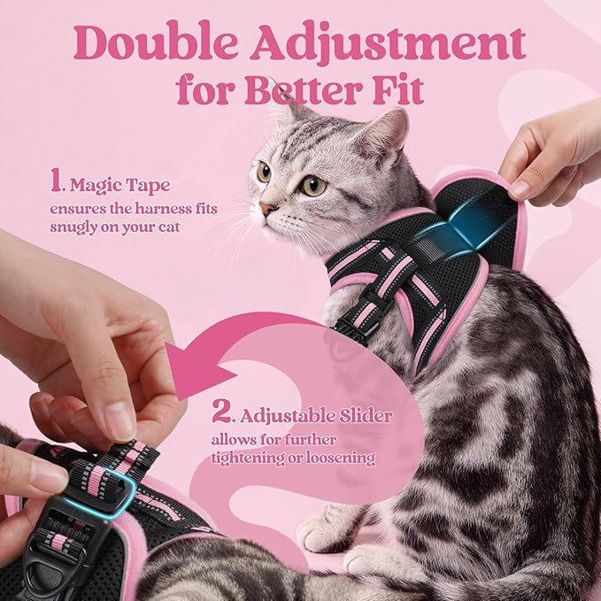 rabbitgoo Cat Harness and Leash, Step-in Escape Proof Kitten Harness Set, Soft Comfortable Cat Vest, Easy to Wear and Adjust, Reflective for Safe Outdoor Walking, Black&Pink, Medium