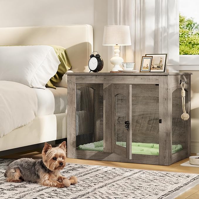 CHOEZON Wooden 30.1" Dog Crate Furniture, Farmhouse Pet Cage End Table with Secure Lock, Ventilated Mesh for Medium Dogs, Dog Kennel Furniture for Living Room, Bedroom, Greige MGW02FH