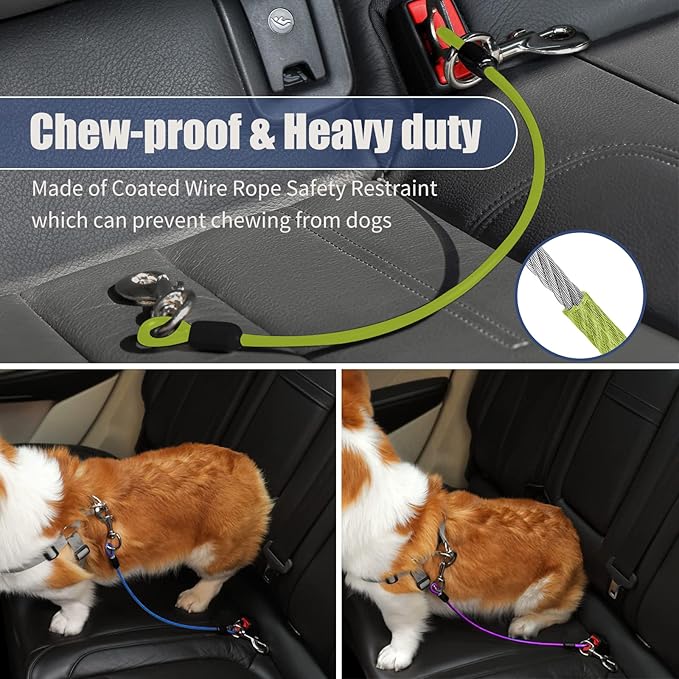 Dog Seat Belt Harness for Car,2pcs Dog Seatbelt of Coated Wire Leash Safety Restraint,No Chew Tether Cable Vehicle Dogs Accessories,Double Clips & Latch (Green, 16 inch/40 CM)