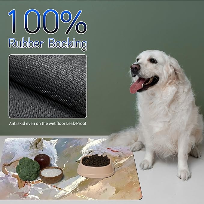 Dog Food Mat, 19.6" x 23.6" Absorbent Pet Feeding Mat for Food and Water, Waterproof Diatom Mud Pet Placemat with Non-Slip Rubber Backing, Easy Clean Cat Bowl Mat for Floors - White Wolf