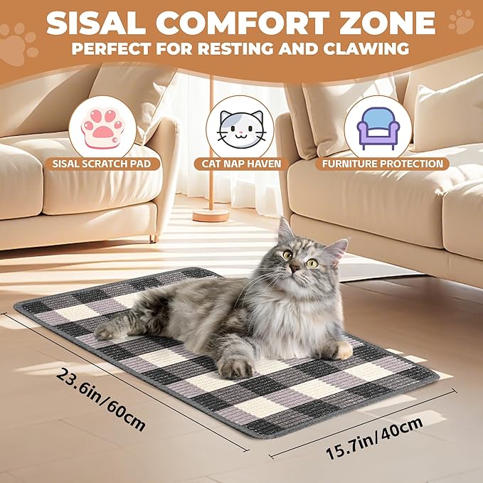 Cat Scratcher Mat, Natural Sisal Cat Scratch Pad, 23.6x15.7 Inch Horizontal Cat Floor Scratching Pads Rug with Hook & Loop（Black White）