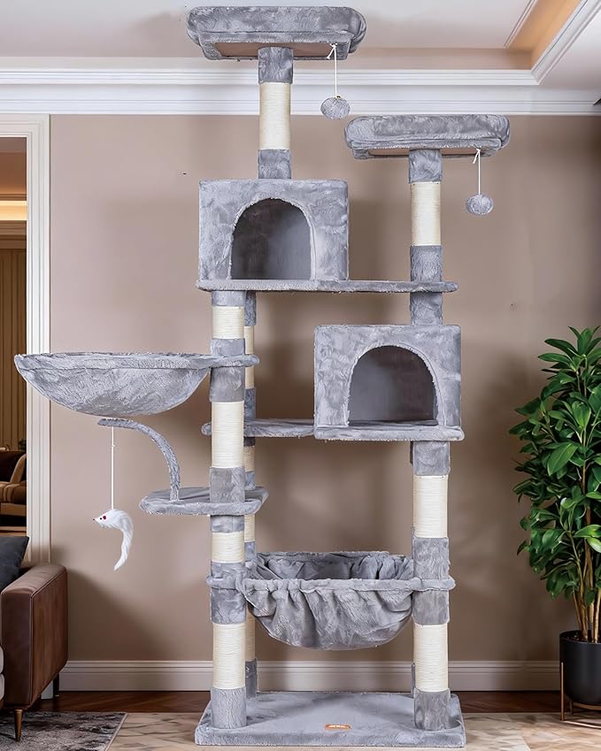 Heybly Cat Tree, 70 inches Tall Cat Tower condo with Toy for Indoor Large Cats, Cat House Furniture with Padded Plush Perch, Cozy Hammock and Sisal Scratching Posts,Light Gray HCT032W