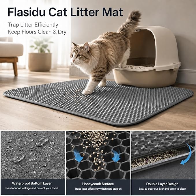 Cat Litter Box Mat Double Layer Trapping Mat Easy-Clean Waterproof Urine Proof(Gray 30x22in)