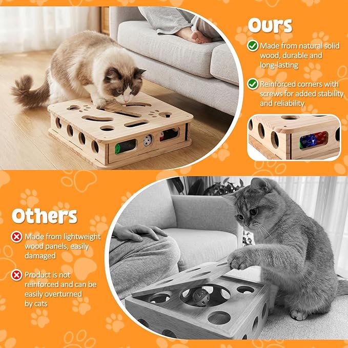 Cat Scratch Puzzle Enrichment Box, Cat Nail File Enrichment Box, Includes Replacement Sandpaper, 3 Bell Balls & 1 Teaser Wand,Wooden Puzzle Treat Toy Box Stimulate Cat Instincts for Bored Cats