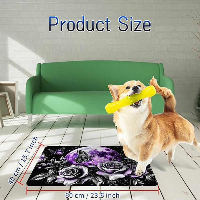 Dog Food Mat, 15.7" x 23.6" Absorbent Pet Feeding Mat for Food and Water, Waterproof Diatom Mud Pet Placemat with Non-Slip Rubber Backing, Easy Clean Cat Bowl Mat for Floors - Purple Moon Rose