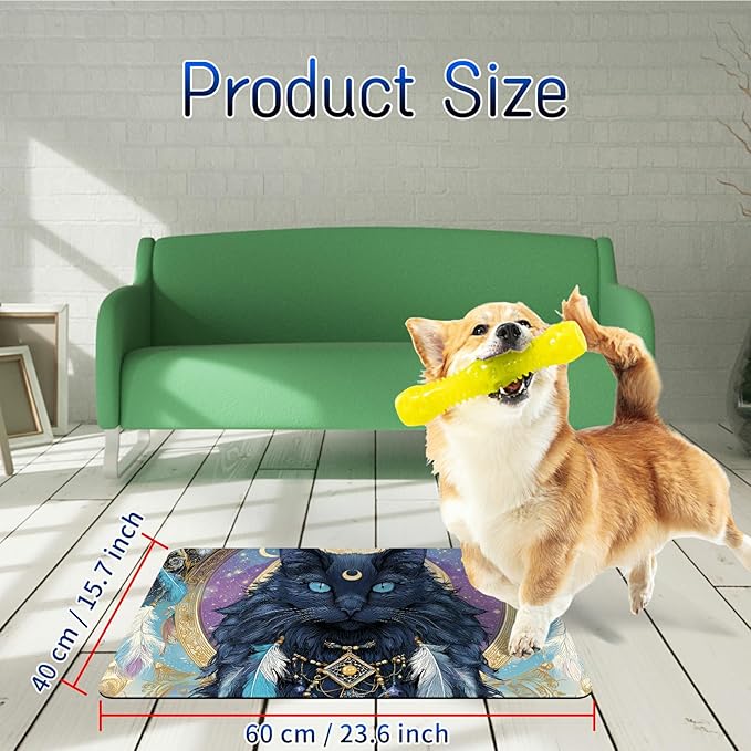 Dog Food Mat, 15.7" x 23.6" Absorbent Pet Feeding Mat for Food and Water, Waterproof Diatom Mud Pet Placemat with Non-Slip Rubber Backing, Cat Bowl Mat for Floors - Feathered Black Cat