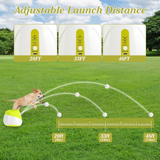 Automatic Dog Ball Launcher, Dog Ball Thrower with 20-46ft 3 Launching Distance, Rechargeable Dog Toy Mental Stimulation Training Game with 2.3" ETPU Balls for Energetic Small Medium Dogs