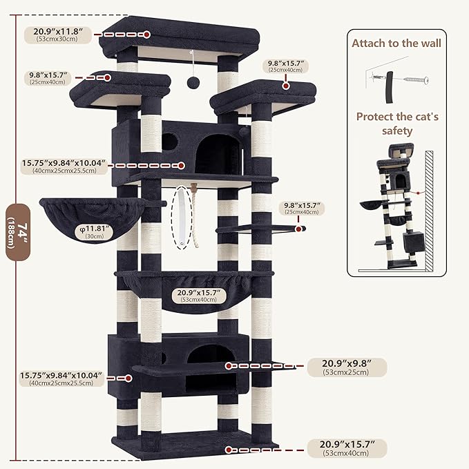 Gitelsnour Cat Tree for Indoor Cats Large Adult, 74" Cat Tower with 3 Big Platforms, 2 Baskets, 2 Condos, Multi-Level Cat Scratching Posts, Smoky Gray GCT030G