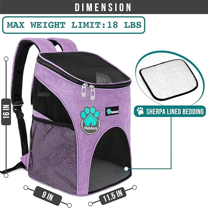 PetAmi Cat Backpack Carrier, Airline Approved Pet Carrier Backpack for Small Dogs and Large Cats, Soft Sided Collapsible Ventilated with Sherpa Bed for Hiking Travel, Max 18 lbs, Heather Purple