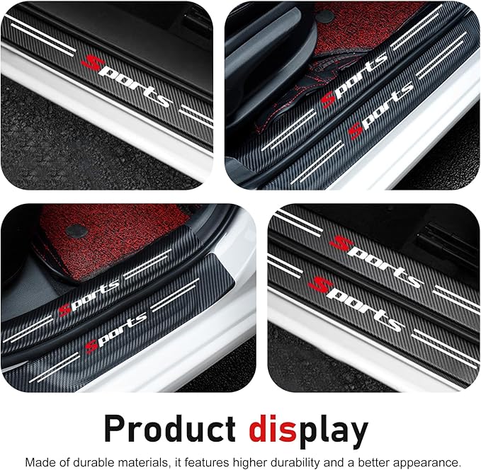 4 PCS Car Door Sill Protector, Carbon Fiber Leather Threshold Guard Strips, Anti-Scratch Auto Door Entry Guards Sill Protector, Universal for Most Vehicles (Black)