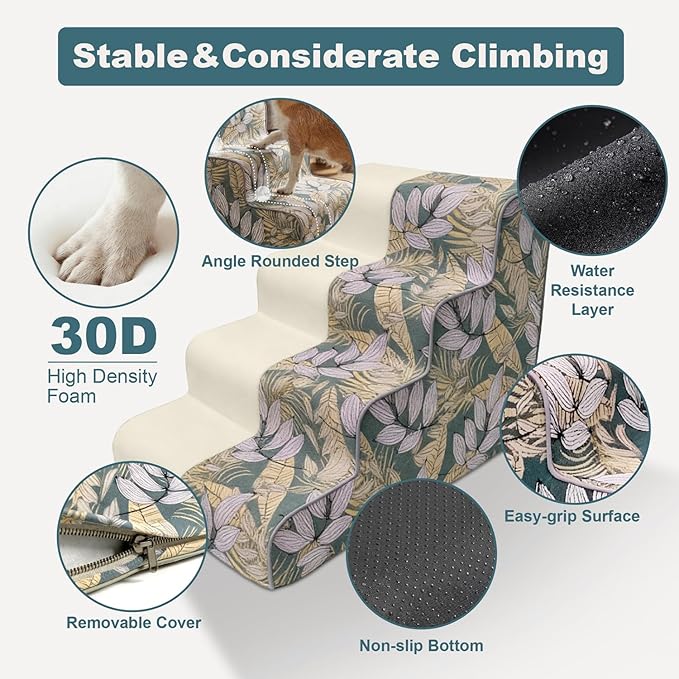 4-Step Dog Stairs for Bed & Couch 18" H, Extra Long Dog Steps for Bed with 30D Foam, Country Style Pet Stairs for Small Dogs and Older Cats, Blue Yellow