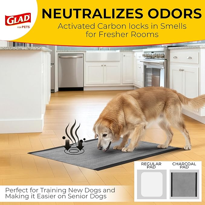 Glad for Pets Black Charcoal Puppy Pads 23x23 Inch 6-Layer Leak-Resistant Activated Carbon Odor Control Pheromone Attractant 14 Count