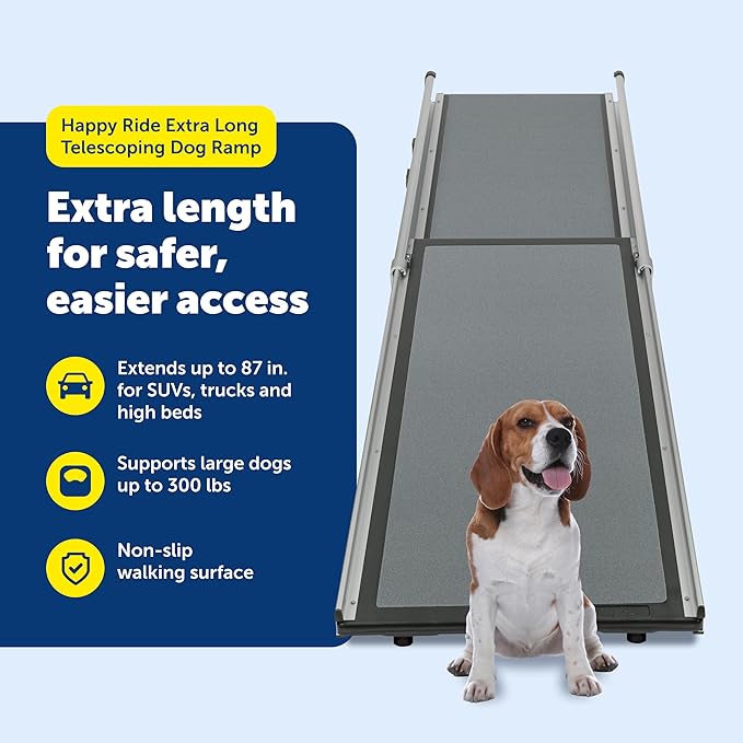 PetSafe Happy Ride Extra Long Telescoping Dog Ramp, Portable Pet Ramp for Cars, Trucks & SUVs with Adjustable Sizing