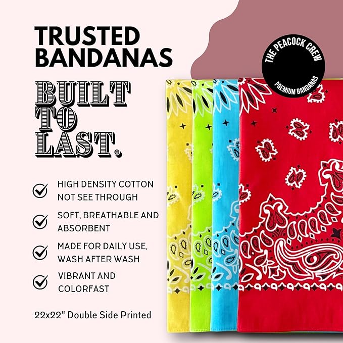 The Peacock Crew Premium Soft Cotton Bandanas Pack for Men and Women Paisley 22 x 22 inches