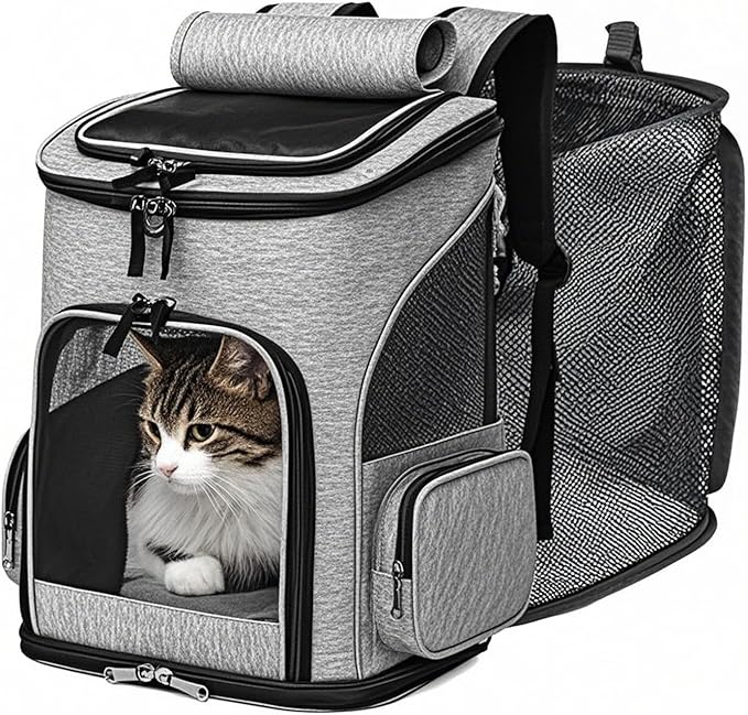 Cat Carrier Backpack, Airline Approved Expandable Pet Carrier, Breathable Mesh Backpack for Small Dogs & Medium Cats Hiking Camping Travel (Gray)