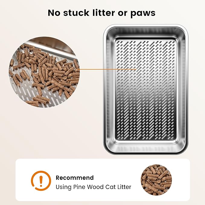 Stainless Steel Sifting Litter Box for Pine Pellets, Sifting Cat Litter Box with Sifter, High Side for Small Cats, Anti-Leakage, Odor Control, Includes Scooper, 22.4" x 14.6" x 11"