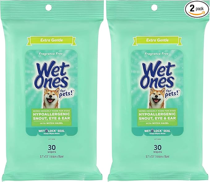 Wet Ones for Pets Extra Gentle Dog Wipes with Witch Hazel for Snout, Eye, Ear - Fragrance-Free Wipes with Wet Lock Seal, 30 Count (Pack of 2)