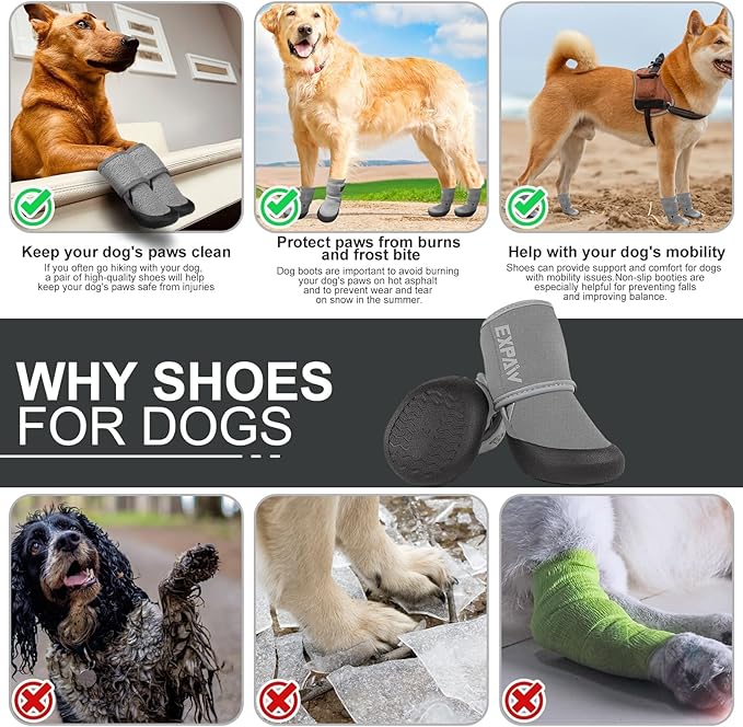 EXPAWLORER Waterproof Dog Shoes for Small Medium Large Dogs, Summer Dog Shoes for Hot Pavement, Hiking Walking, Reflective Dog Booties for Outdoor Snow Rain Days, Anti-Slip Dog Boots & Paw Protectors