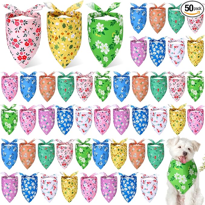 Weewooday 50 Pcs Spring Dog Bandanas Bulk for Dogs Soft Bibs Adjustable Triangle pet Bandana for Small Medium Large Costume(Floral Pattern, 31.5 x 21.7 x21.7 Inch)