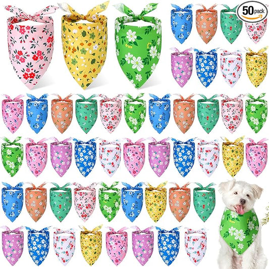 Weewooday 50 Pcs Spring Dog Bandanas Bulk for Dogs Soft Bibs Adjustable Triangle pet Bandana for Small Medium Large Costume(Floral Pattern, 31.5 x 21.7 x21.7 Inch)