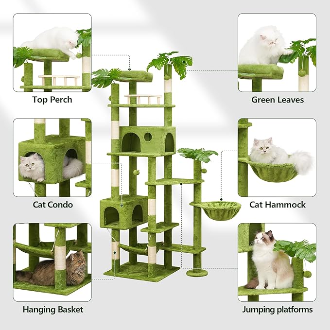 Meecal 77in Large Cat Tower for Heavy Duty Big Cats, Tall Cat Tree with Leaves - Scratching Post, Two Cat Condos, Soft Hammocks, Padded Perches & Dangling Balls, Green