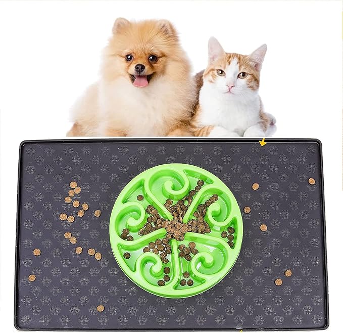 Cat Dog Food Mat Silicone Pet Feeding Mat Waterproof & Non Slip Pet Bowl Placement Tray to Prevent Food Spills and Water Messes Out to Floor(Black)