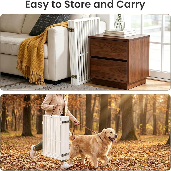Full Metal Freestanding Dog Gate with Cat Door for Outdoor & Indoor,34" Tall Foldable Pet Fence,40" Extra Wide Free Standing Dog Gate for RV Camping,Stairs,Hallways,Doorways,Deck,Yard (2 Panels,White)