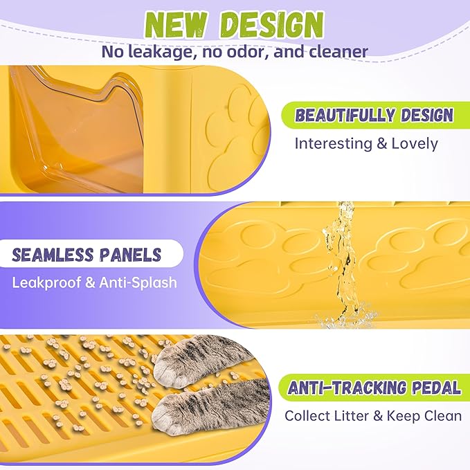 Covered Cat Litter Box with Litter Mat, Foldable Extra Large Dual Entry Adjustable Door, Drawer Design Enclosed Kitty Litter Box, Odor Control Anti-Splashing Easy Cleaning (Yellow)