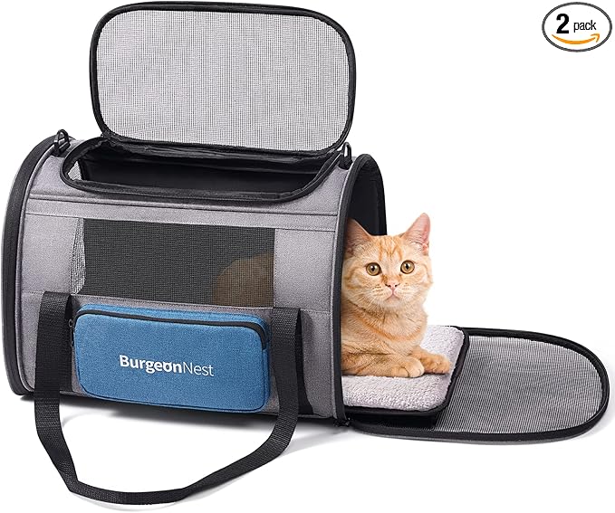 BurgeonNest Cat Carrier for Large Cats 20 lbs,Medium Pet Under 25 lbs,2 Puppy and Small Dogs with Unique Side Bag,Top Load Pet Carrier Soft-Sided Escape Proof with 4 Ventilated Windows