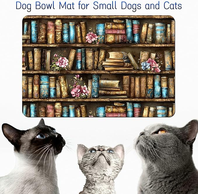 Dog Food Mat, 19.6" x 23.6" Absorbent Pet Feeding Mat for Food and Water, Waterproof Diatom Mud Pet Placemat with Non-Slip Rubber Backing, Easy Clean Cat Bowl Mat for Floors - Book Blue