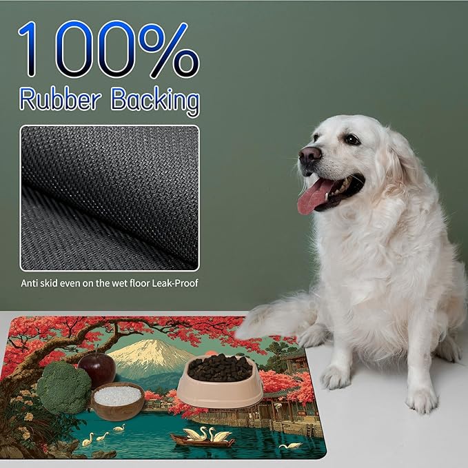 Dog Food Mat, 19.6" x 23.6" Absorbent Pet Feeding Mat for Food and Water, Waterproof Diatom Mud Pet Placemat with Non-Slip Rubber Backing, Cat Bowl Mat for Floors - Flowering Cherry Blossoms