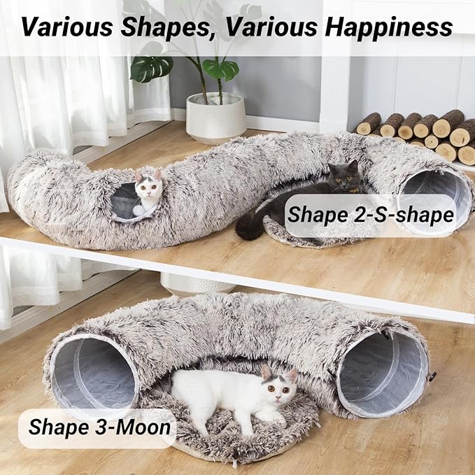 Warm Fluffy Plush Cat Tunnel Bed Under Christmas Tree Big Tube Playground Toys 3 FT Diameter Longer Crinkle Collapsible 3 Way, for Indoor Cat Kitty Kitten Puppy Rabbit Ferret Brown