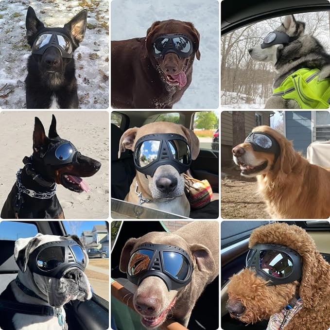 Large Dog Goggles, Windproof Snowproof Anti-UV Dog Sunglasses for Medium to Large Breed Eye Protection, Soft Frame with Adjustable Straps, Black