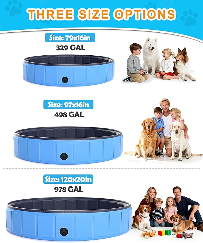 Instraella 120"x20" Dog Pool for Large Dogs, Heavy Duty Hard-Side Foldable Pet Pool, Non-Slip Collapsible Dog Bathing Tub with Drain, Portable Kiddie & Dog Swimming Pool for Outdoor & Indoor Use