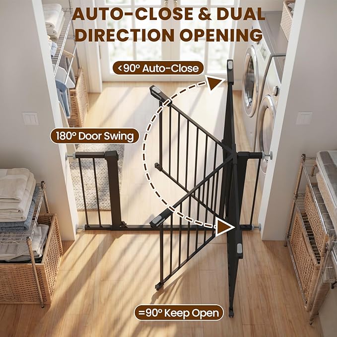 Mumeasy 29.7-40.6" Baby Gate for Stairs, Auto Close Dog Gate for Doorways, Pressure Mounted No Drill Pet Gate with Easy Walk Thru Door, Double Lock, Black