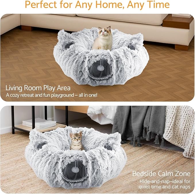 Cat Tunnel Cat Bed for Indoor Cats,Christmas Tree cat Tunnel 3-in-1 Foldable Plush Donut Tunnel with Washable Cushion, Peekaboo Cat Cave with Ears for Kittens, Puppy, Rabbit (Gray)