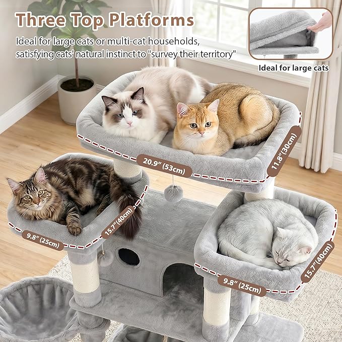 Gitelsnour Cat Tree for Indoor Cats Large Adult, 74" Cat Tower with 3 Big Platforms, 2 Baskets, 2 Condos, Multi-Level Cat Scratching Posts, Light Gray GCT030W