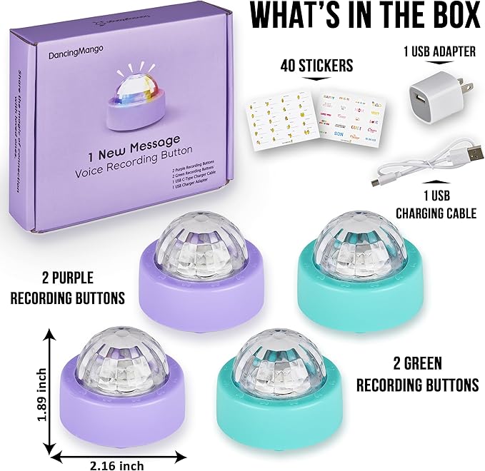 Voice Recording Button: Language Development, Learning Tool, Family & Classroom Use, Communication Fun, USB Rechargeable (Set of 4)