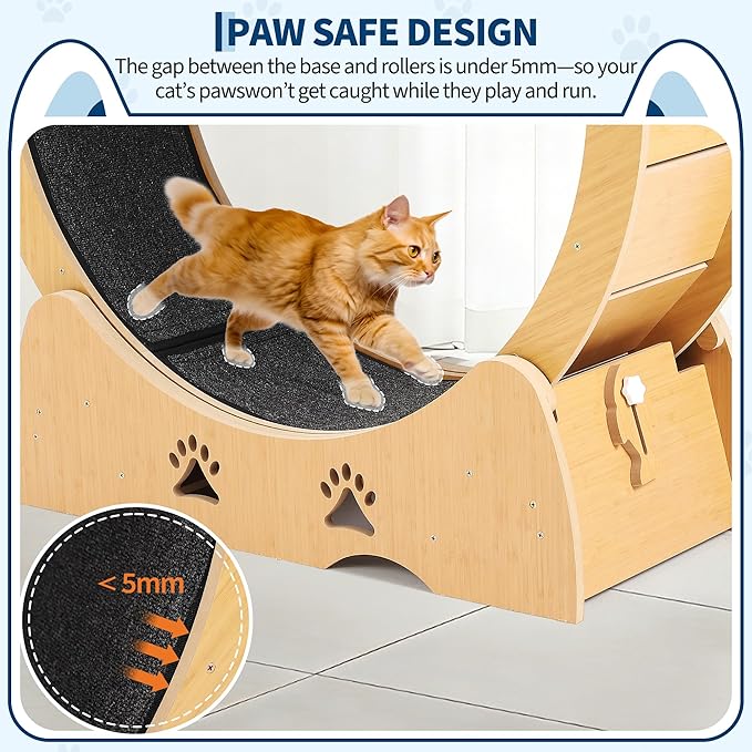 GarveeLife Cat Exercise Wheel, Wooden Cat Running Treadmill with Carpeted Runway for Indoor Cats, Low Noise Removable Carpet Cat Wheel for Kitty Running Walking Training