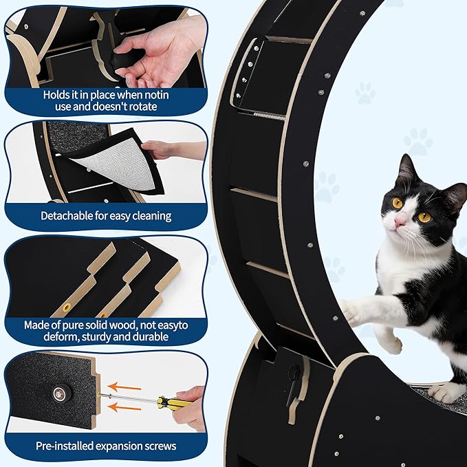 GarveeLife Cat Exercise Wheel, Wooden Cat Running Treadmill with Carpeted Runway for Indoor Cats, Low Noise Removable Carpet Cat Wheel for Kitty Running Walking Training