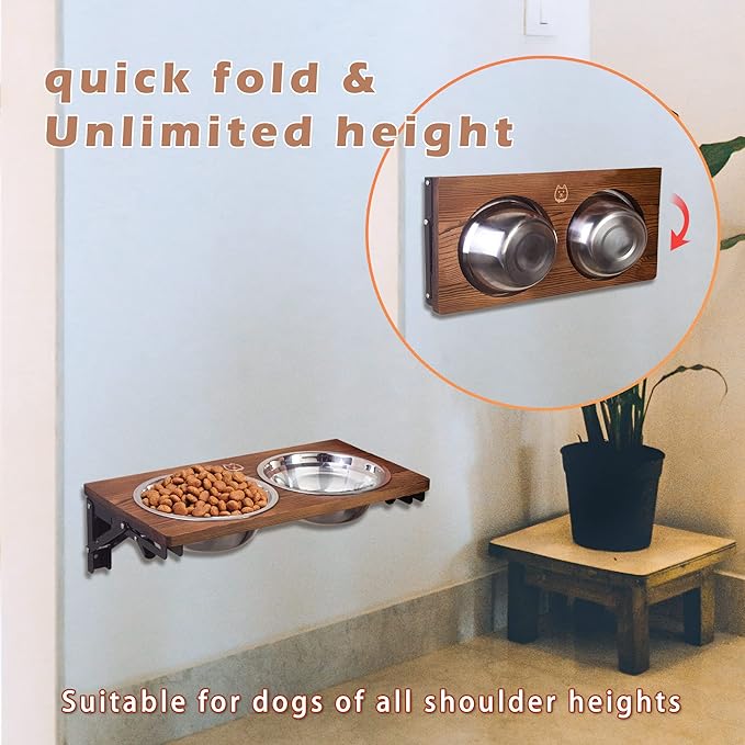 Folding Dog Bowl Stand Mounted Elevated Pet Feeder Includes 2 Stainless Steel, Adjustable Dog Bowls for Medium-Large Dogs 44 Oz