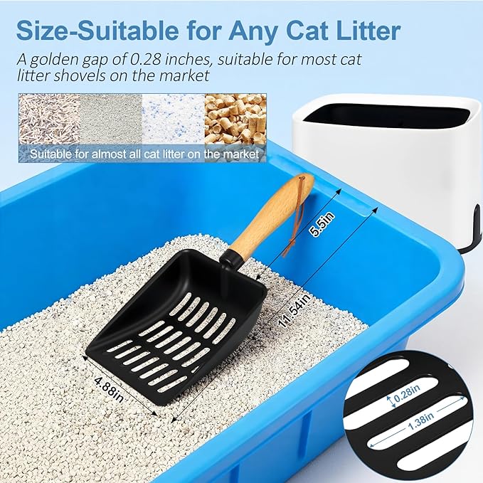 Cat Litter Scoop, Metal Litter Scoop, Heavy Duty Metal Cat Scooper for Litter Box, Black Sifter Scoop for Pellets, Wooden Handle Scoop with Hole, Kitty Necessity (Cat Litter Scoop Short with Holder)