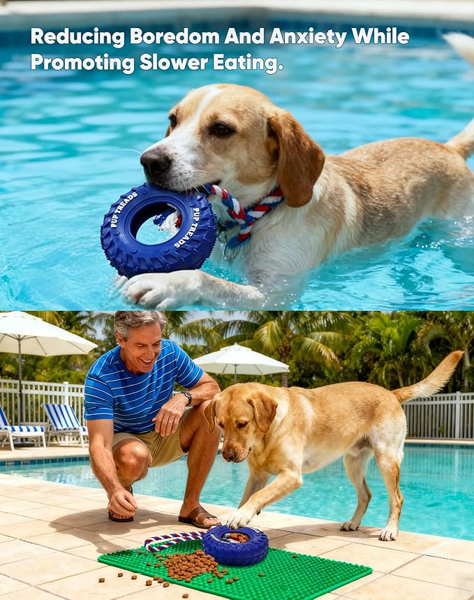 Deeow Dog Tire Toy-2026 Upgraded, Treat Dispensing Chew Toy for Teething Clean & Dental Care, Natural Rubber Enrichment Dog Toys for Boredom Relieve, Interactive Tug-of-War Slow Feeder Pet Toys-Blue