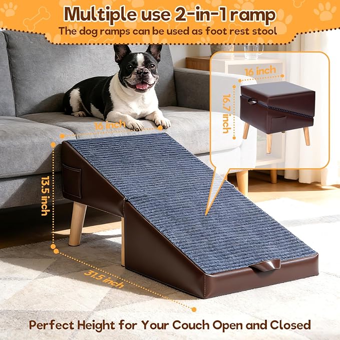 Dog Ramp for Small Dogs, 13.5" H-16 Wide Foldable Dog Stairs Ottoman for Bed and Couch,2 in 1 Pet Ramp & Steps,Split Ottoman Design,Non-Slip Wooden Pet Stairs for Puppy Senior Injured Dogs & Cats