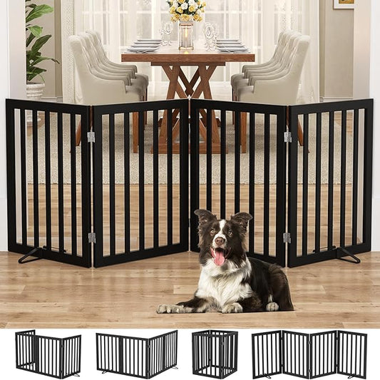 Homykic Bamboo Freestanding Dog Gate, No Assembly Pet Gate Indoor, 24”H x 75”W Extra Wide Foldable Puppy Barrier Fence with Support Feet for the House, Doorways Stairs, 4 Panels, No Drilling, Black