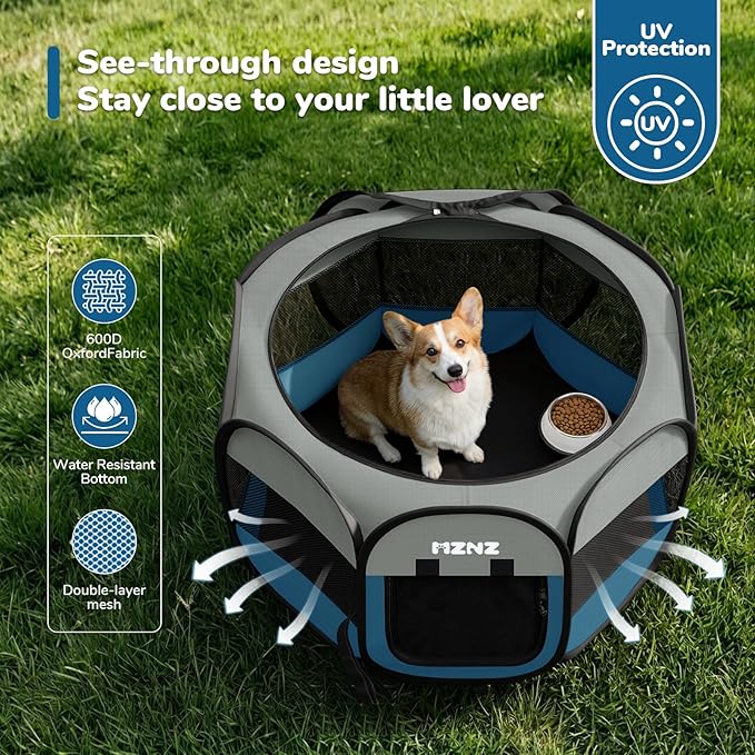 Dog Cat Playpen, Portable Puppy Pet Crate Indoors for Small/Medium Dogs Cats Rabbits, Foldable Dog Cage Enclosure for Outdoor, Pop Up Dogs Tent Kennel with Carrying Case, Grey Blue