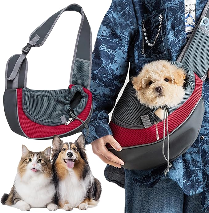 Dog Carrier Sling Front with Adjustable Strap Outdoor Travel Shoulder Pet Bag(Red)